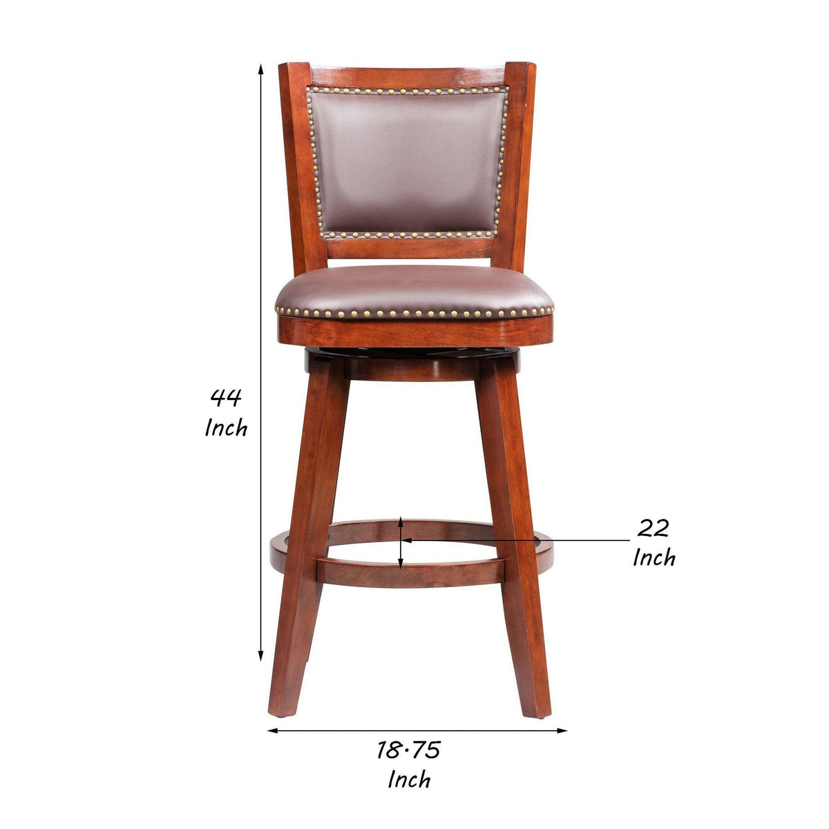 Cherry Brown Swivel Bar Stool with Curved Padded Back and Nailhead Trim P857176