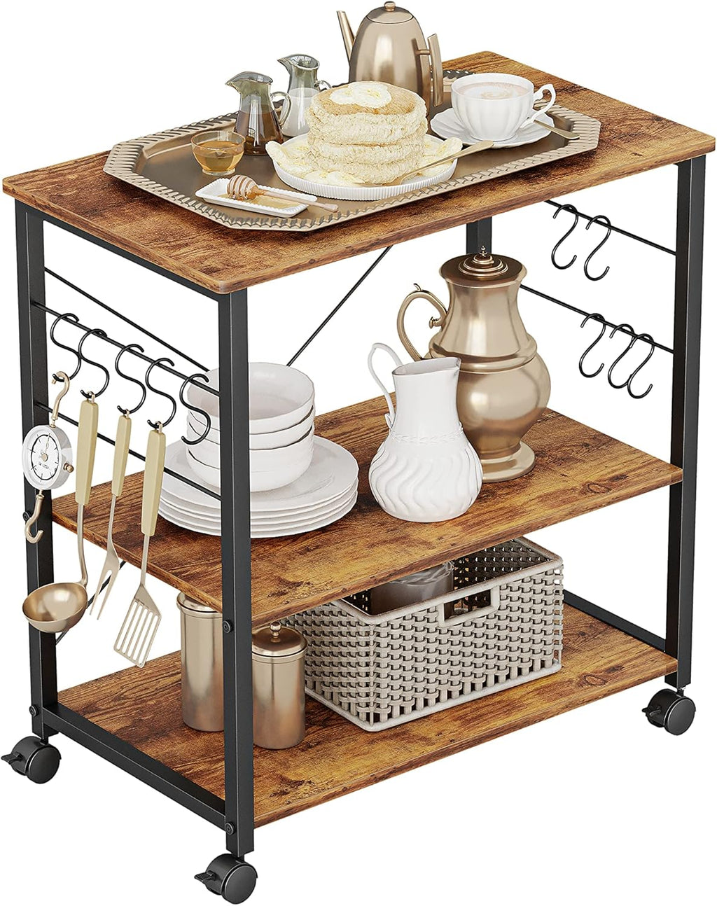 3 Tier Metal Kitchen Cart with Wheels and 10 Hooks B929
