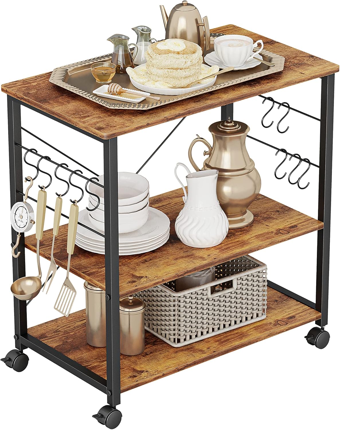 3 Tier Metal Kitchen Cart with Wheels and 10 Hooks B929