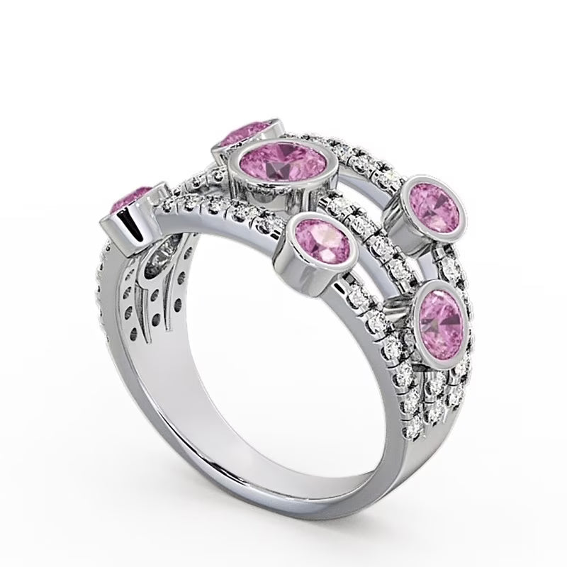 14K White Gold Eternity Band with Round Cut Pink Sapphire V84051