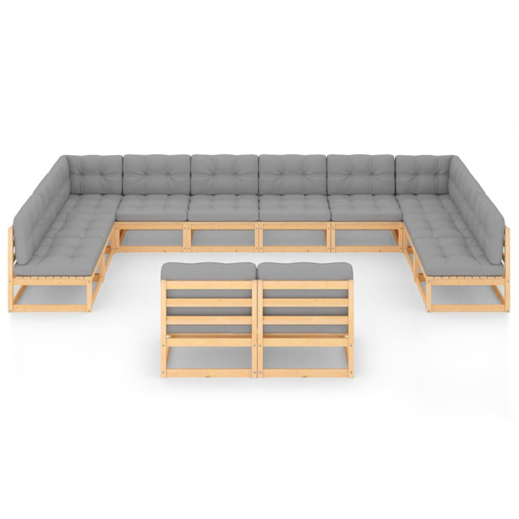 12 Piece Gray Cushioned Pinewood Sectional Outdoor Furniture Set F766584