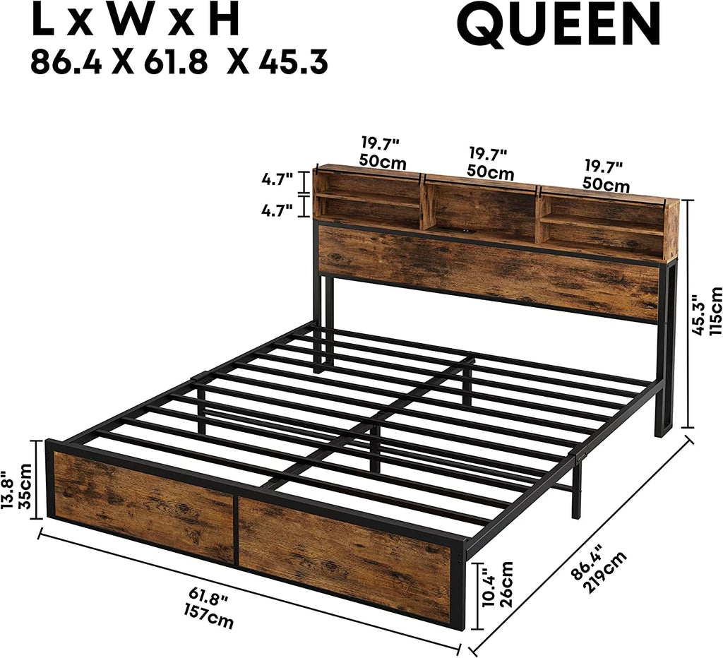 Full Bed Frame with Bookcase Headboard and Charging Station J42237