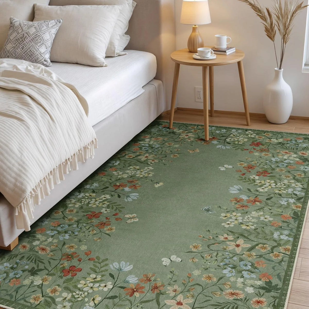 Green Floral 4x6 Washable Low-Pile Area Rug G46025
