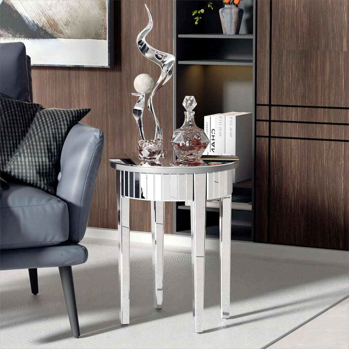 Round Mirrored End Table 17.7 inches Beveled Glass A7337