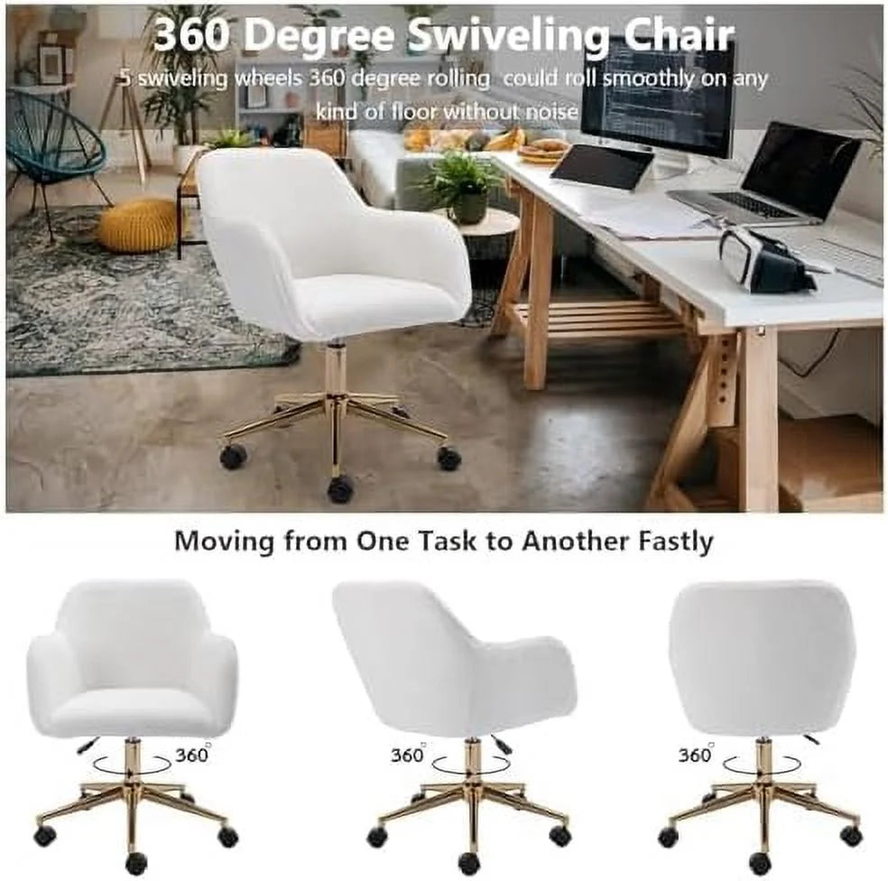 White Sherpa Desk Chair with Wheels and Arms S324