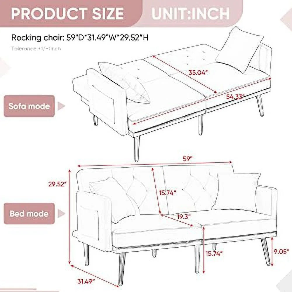 Convertible Futon Sofa Bed 59-inch Velvet Sleeper Sofa with Two Pillows L333