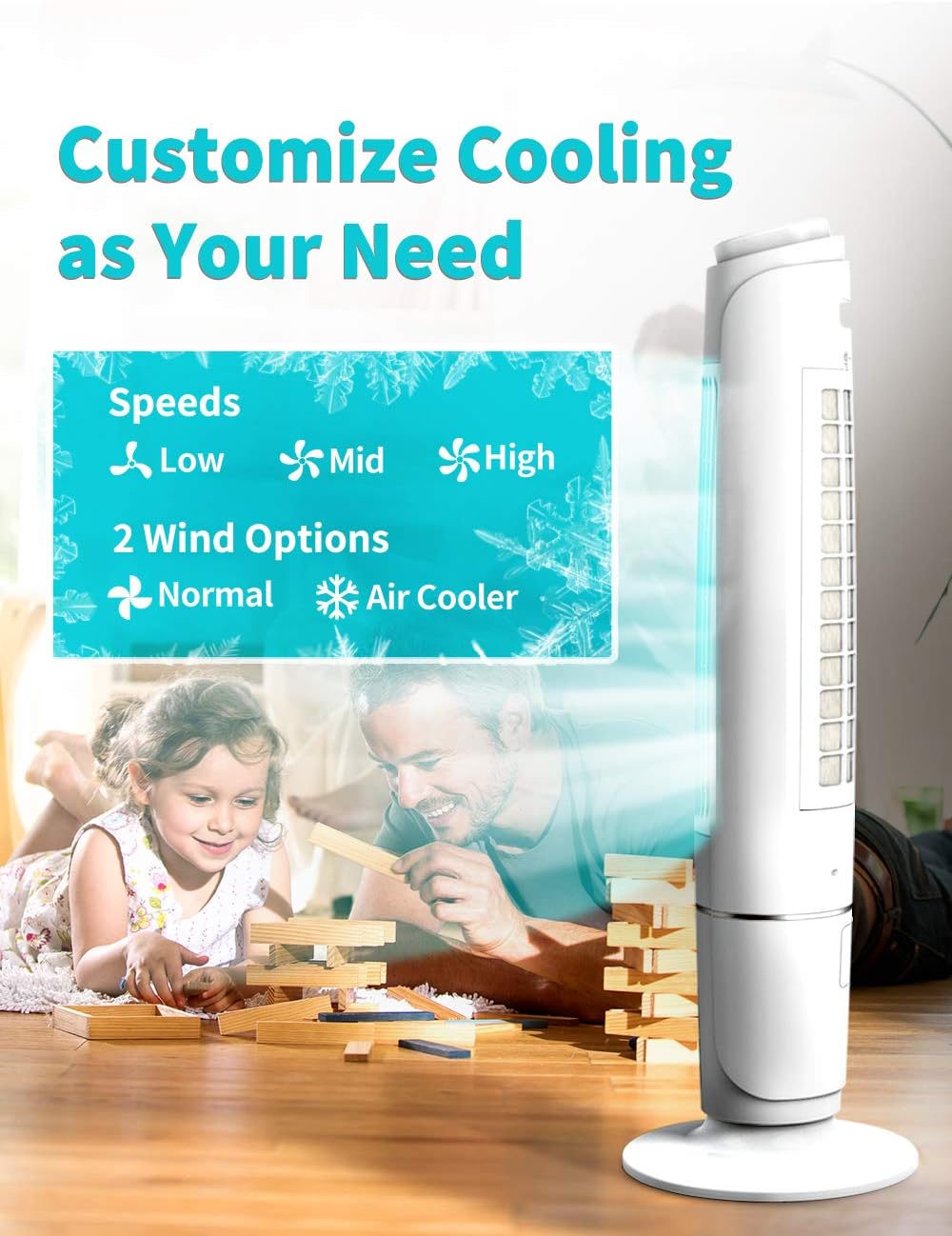 Portable Evaporative Air Cooler, 3 Speeds, 60° Oscillation, 12H Timer, 43IN Tall Y8562