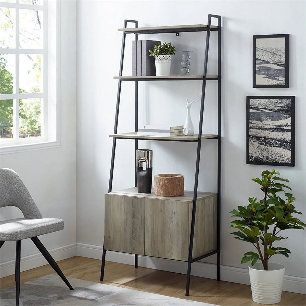 72" Ladder Storage Bookshelf in Gray Wash K99878