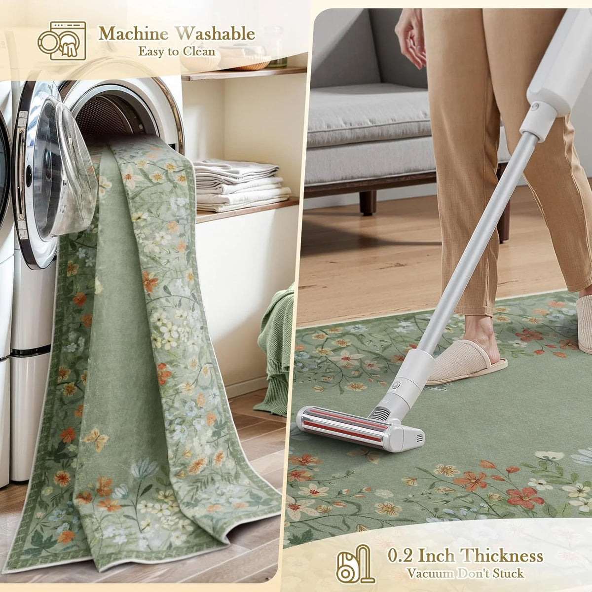 Green Floral 4x6 Washable Low-Pile Area Rug G46025