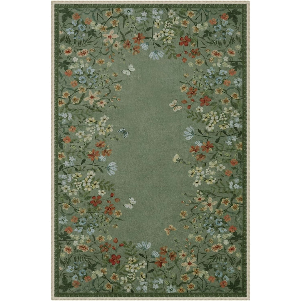 Green Floral 4x6 Washable Low-Pile Area Rug G46025