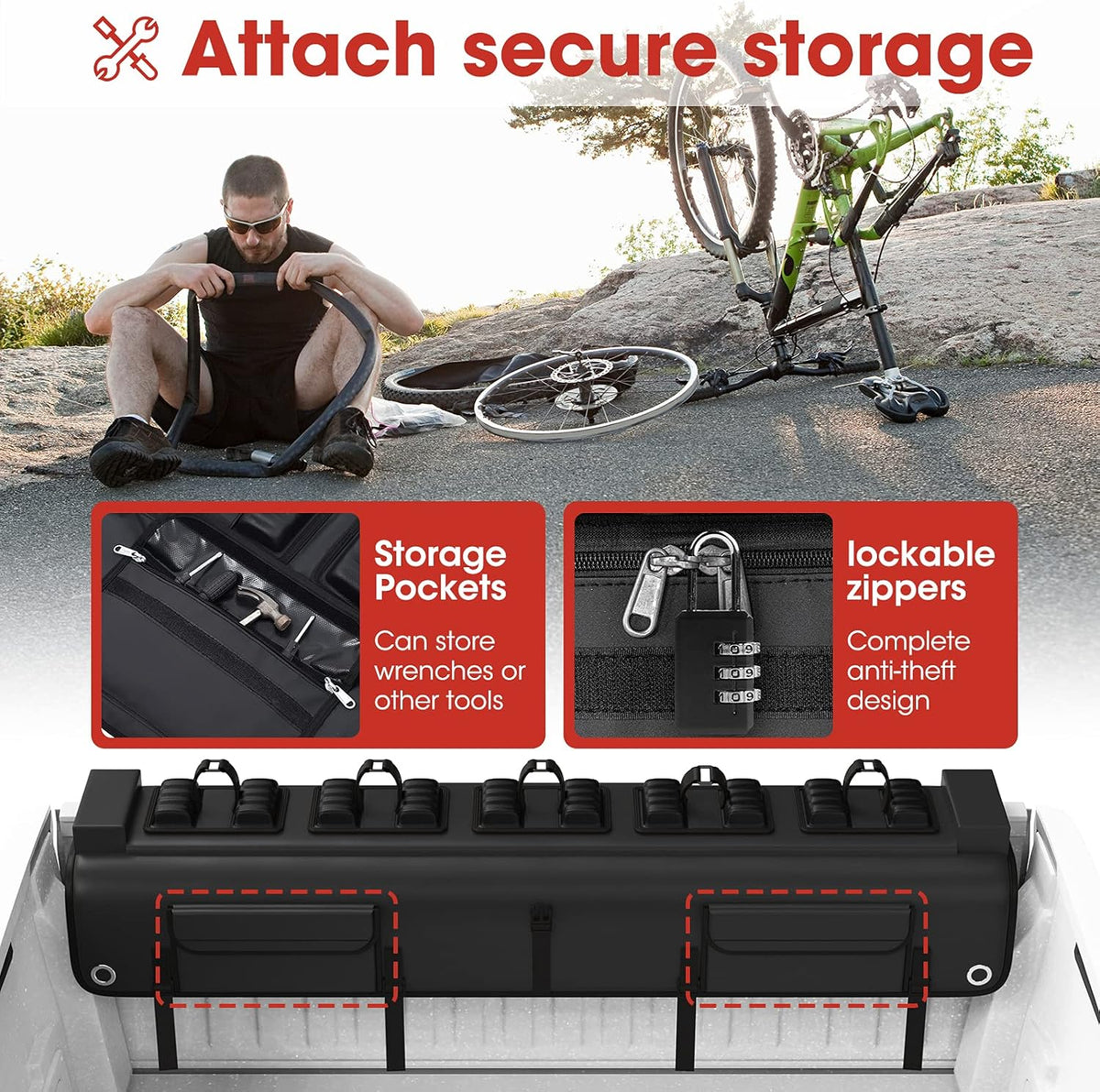 Tailgate Bike Pad with Two Lockable Tool Pockets, Carries Up to 5 Bikes F19950