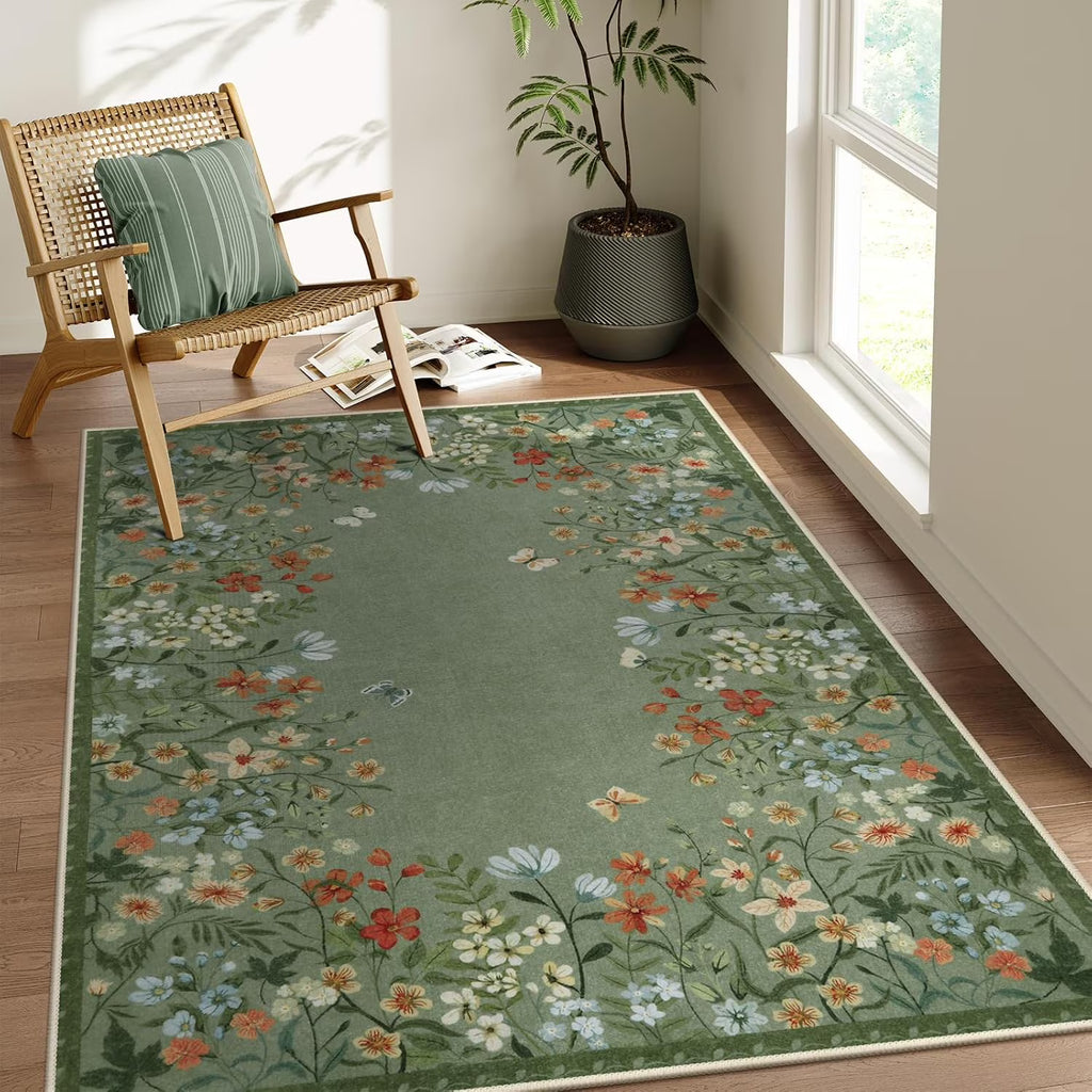 Green Floral 4x6 Washable Low-Pile Area Rug G46025