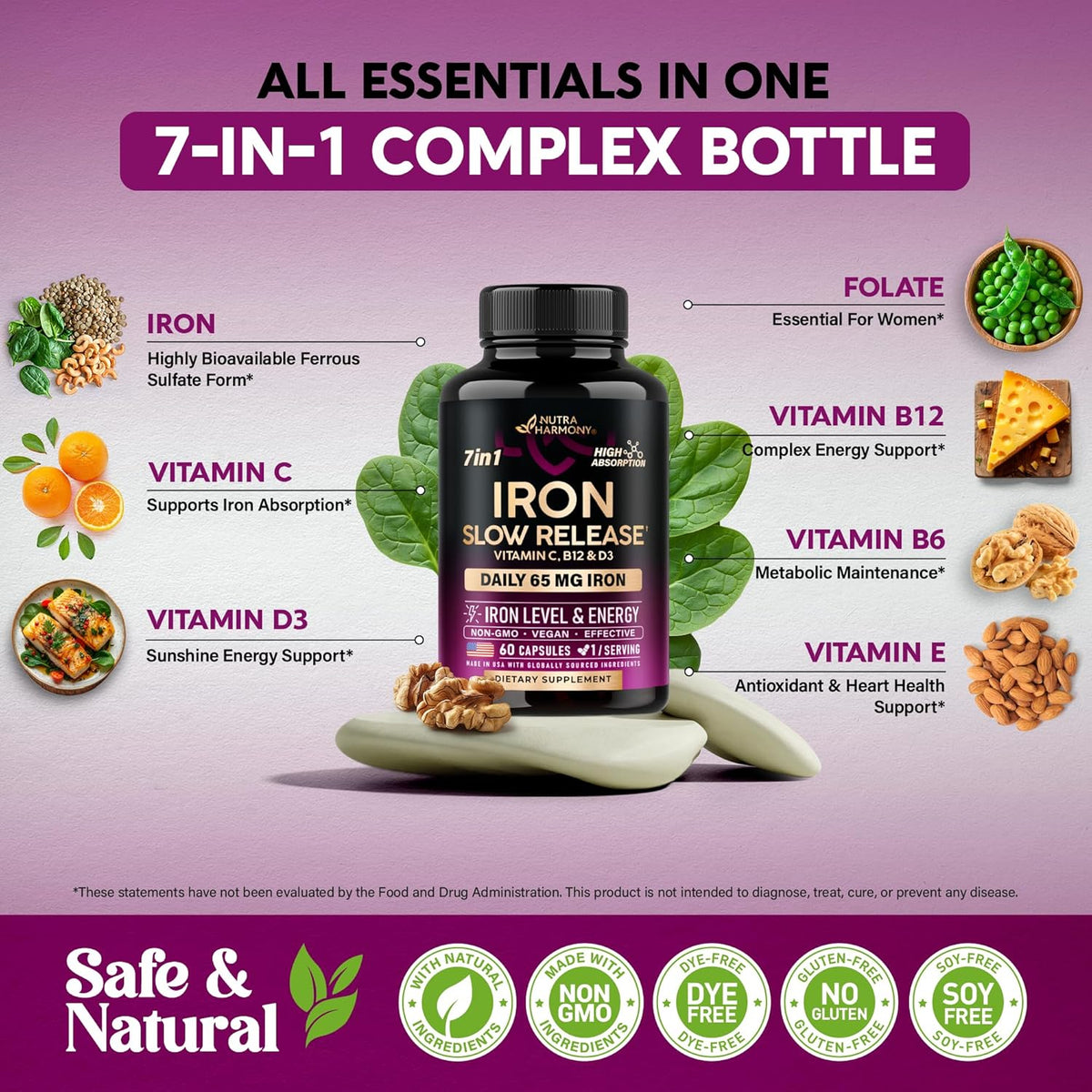60 Capsules Iron 65mg Ferrous Sulfate 325mg Slow Release O8846