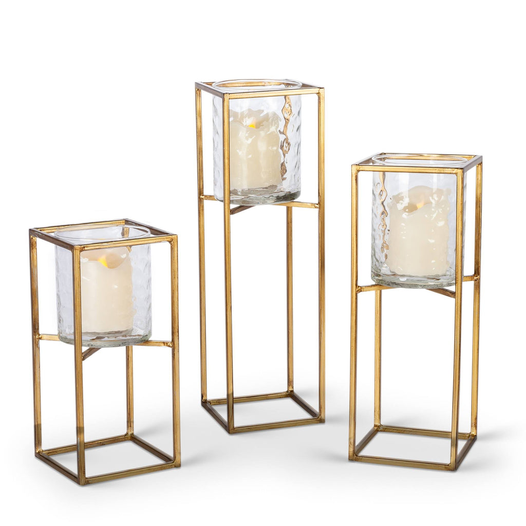 Textured Glass and Gold Metal Candle Holder Set of 3 C776