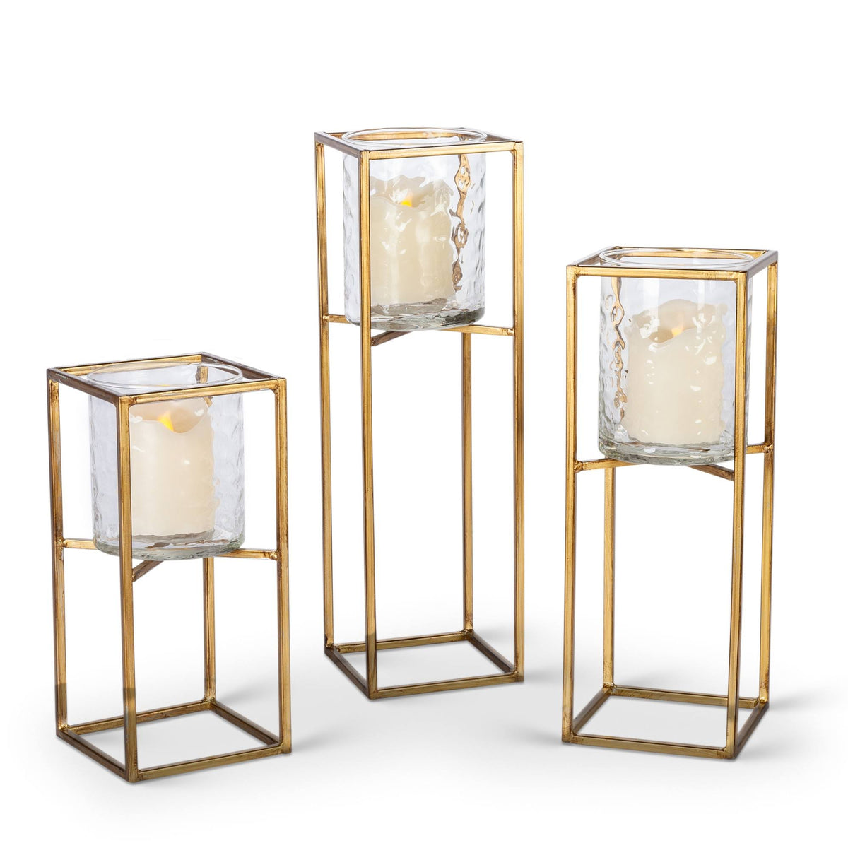 Textured Glass and Gold Metal Candle Holder Set of 3 C776