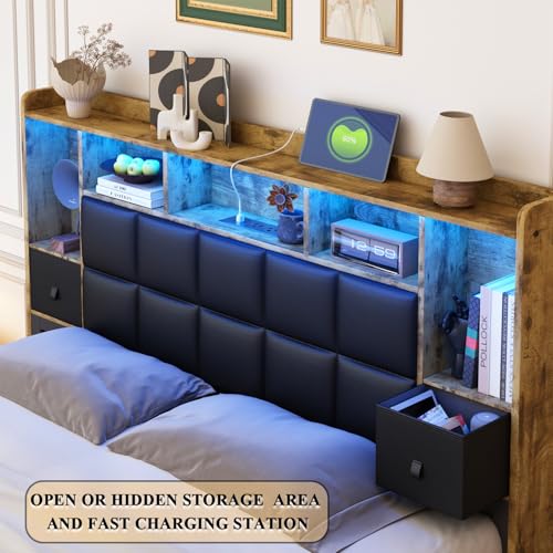 Full Size LED Upholstered Platform Bed Frame with Bookshelf Headboard and 2 Hidden Storage Drawers D685