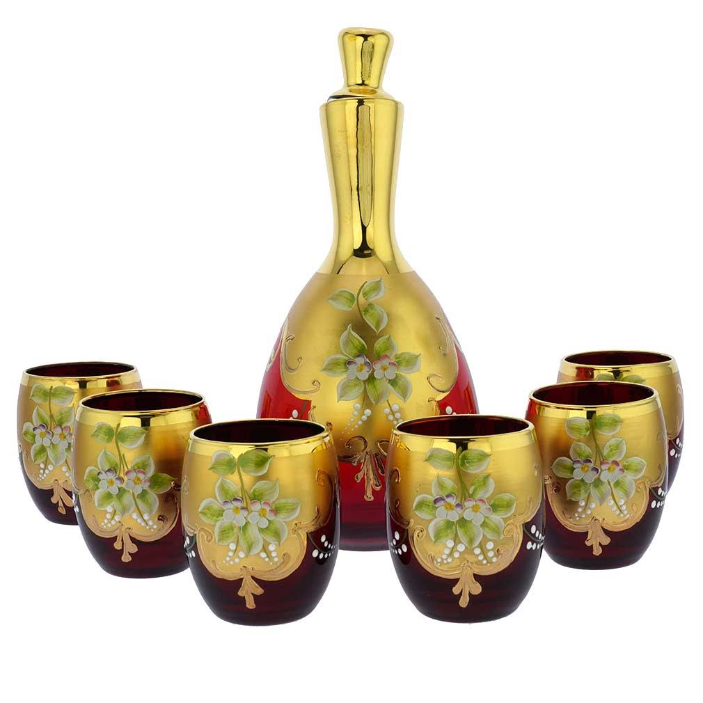Murano Glass Decanter Set with 6 Wine Glasses 24K Gold Red T963120