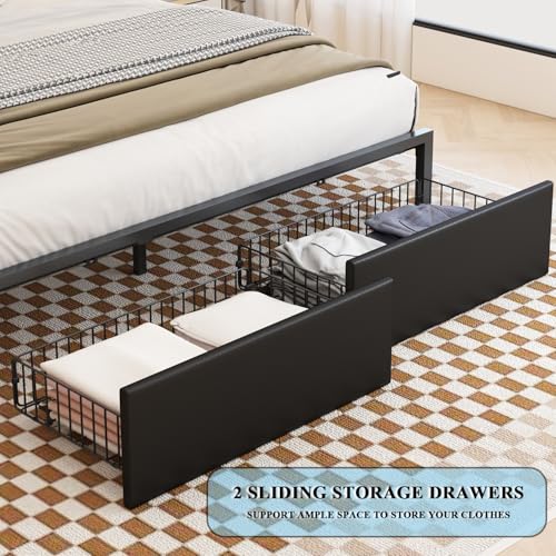 Full Size LED Upholstered Platform Bed Frame with Bookshelf Headboard and 2 Hidden Storage Drawers D685