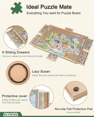 2000 Pieces Rotating Wooden Puzzle Board with 6 Drawers and Cover H8073
