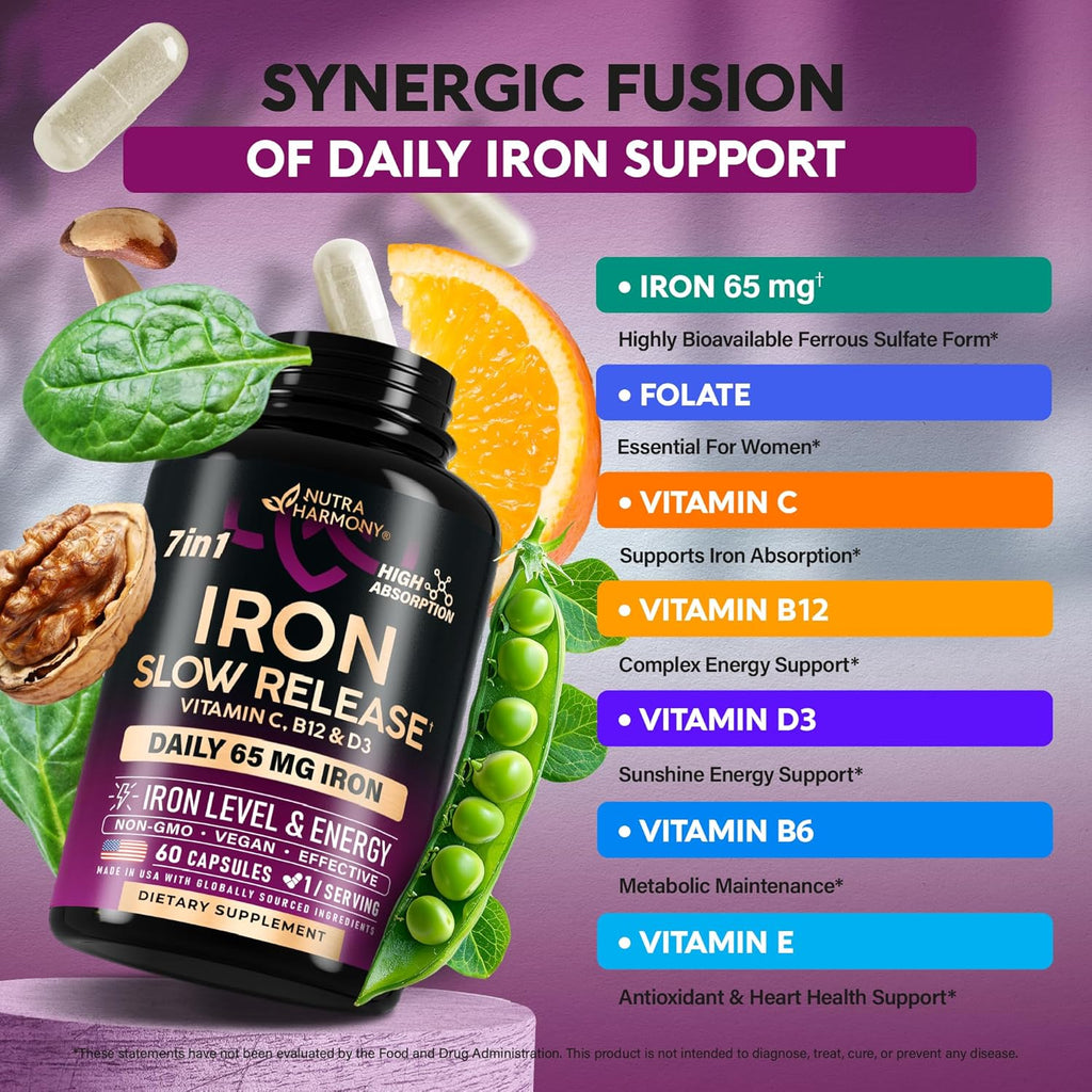 60 Capsules Iron 65mg Ferrous Sulfate 325mg Slow Release O8846