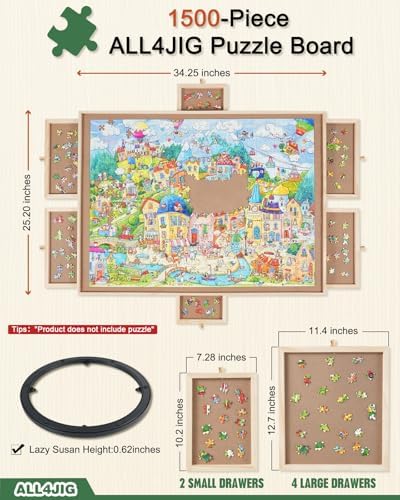 2000 Pieces Rotating Wooden Puzzle Board with 6 Drawers and Cover H8073