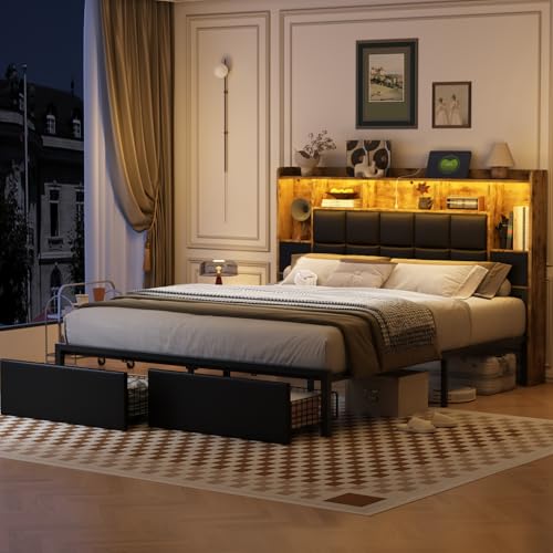 Full Size LED Upholstered Platform Bed Frame with Bookshelf Headboard and 2 Hidden Storage Drawers D685