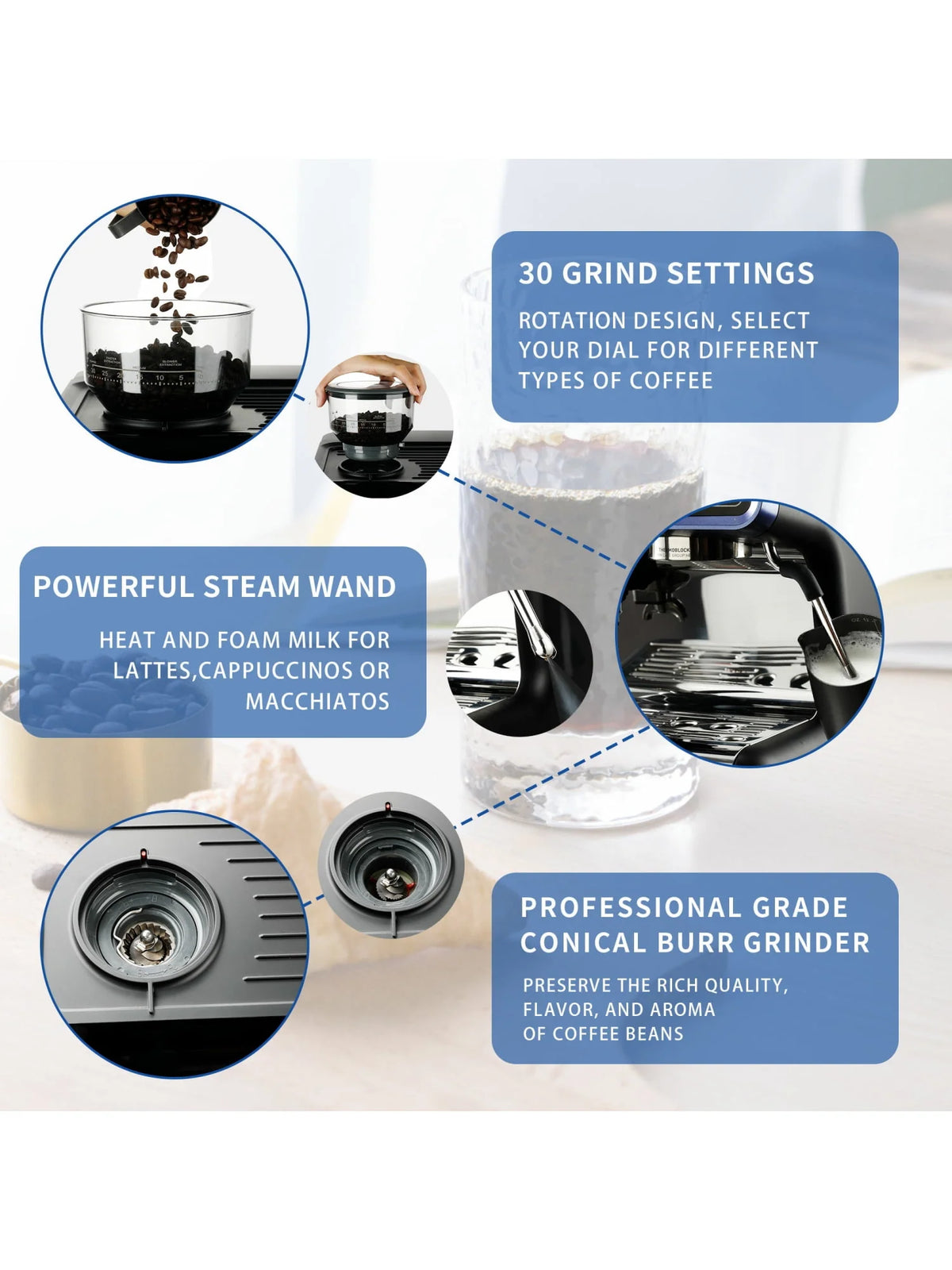 All in One Espresso Machine with Coffee Grinder and Milk Steam Wand S502