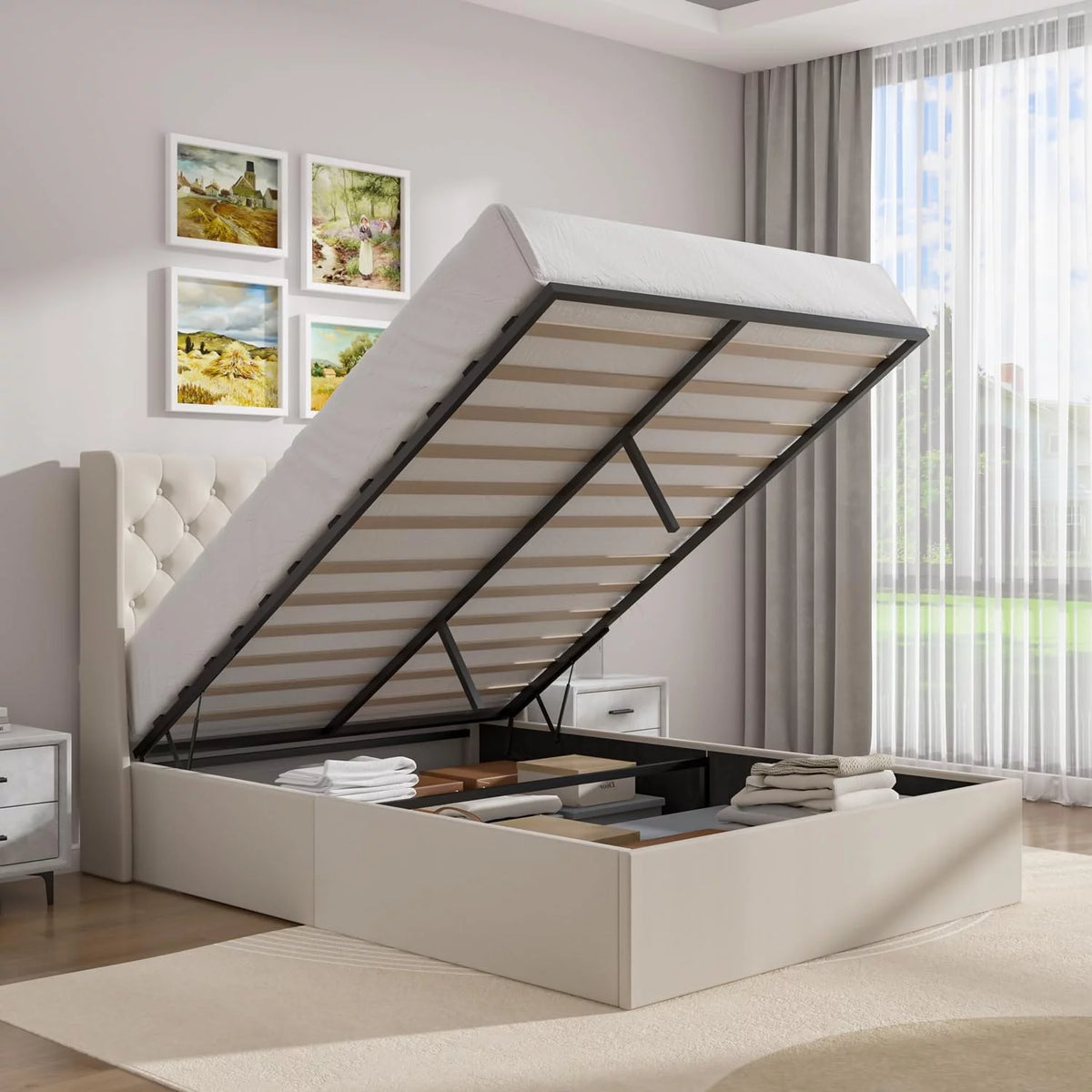 Full Size Lift Up Storage Bed with Wingback Headboard R810163
