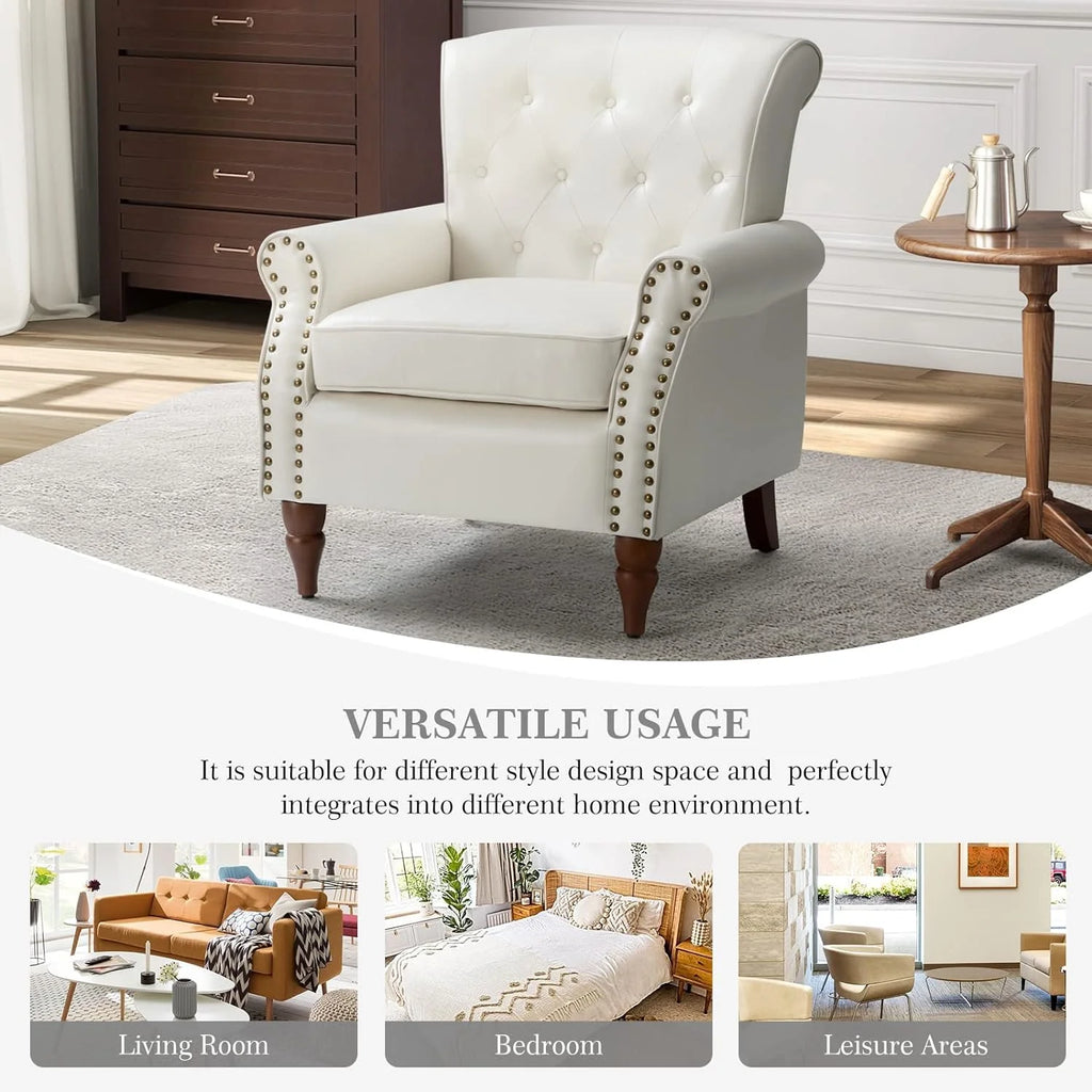 Ivory Faux Leather Accent Chair with Solid Wood Legs F1726