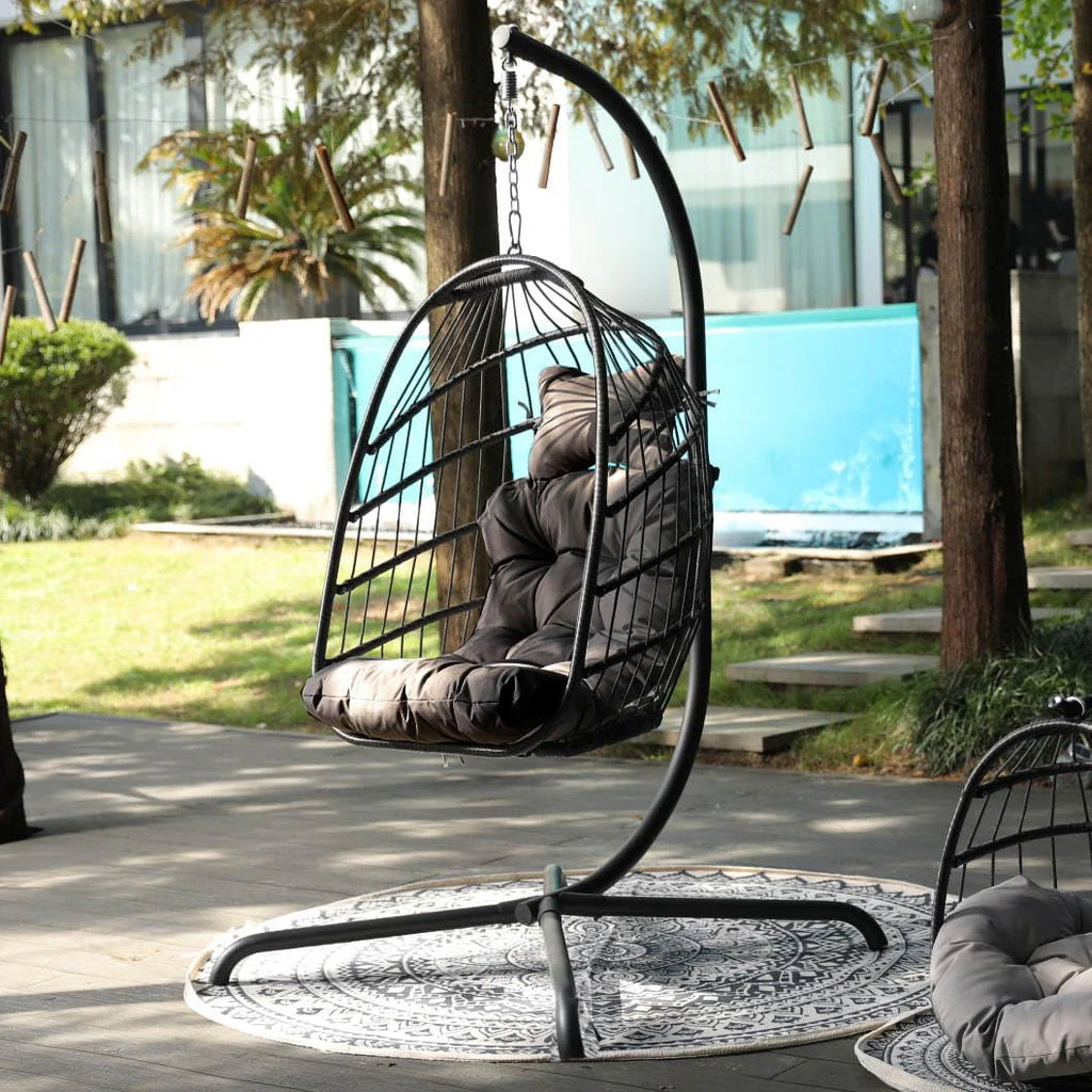 Foldable Brown PE Wicker Hanging Egg Chair with Stand Q4025