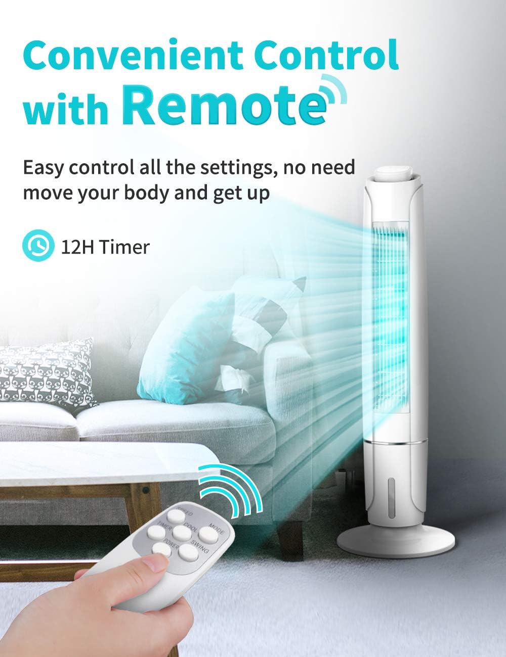 Portable Evaporative Air Cooler, 3 Speeds, 60° Oscillation, 12H Timer, 43IN Tall Y8562