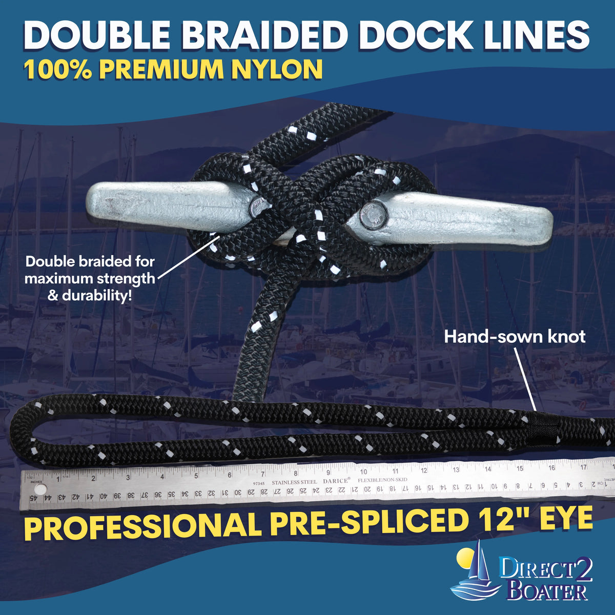 3/8" x 15' Black (2 Pack) Double Braided Nylon Dock Line L884