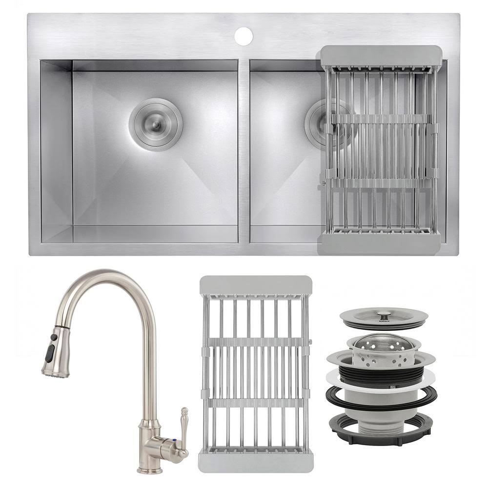 Double Basin Drop-In Kitchen Sink with Faucet H6502