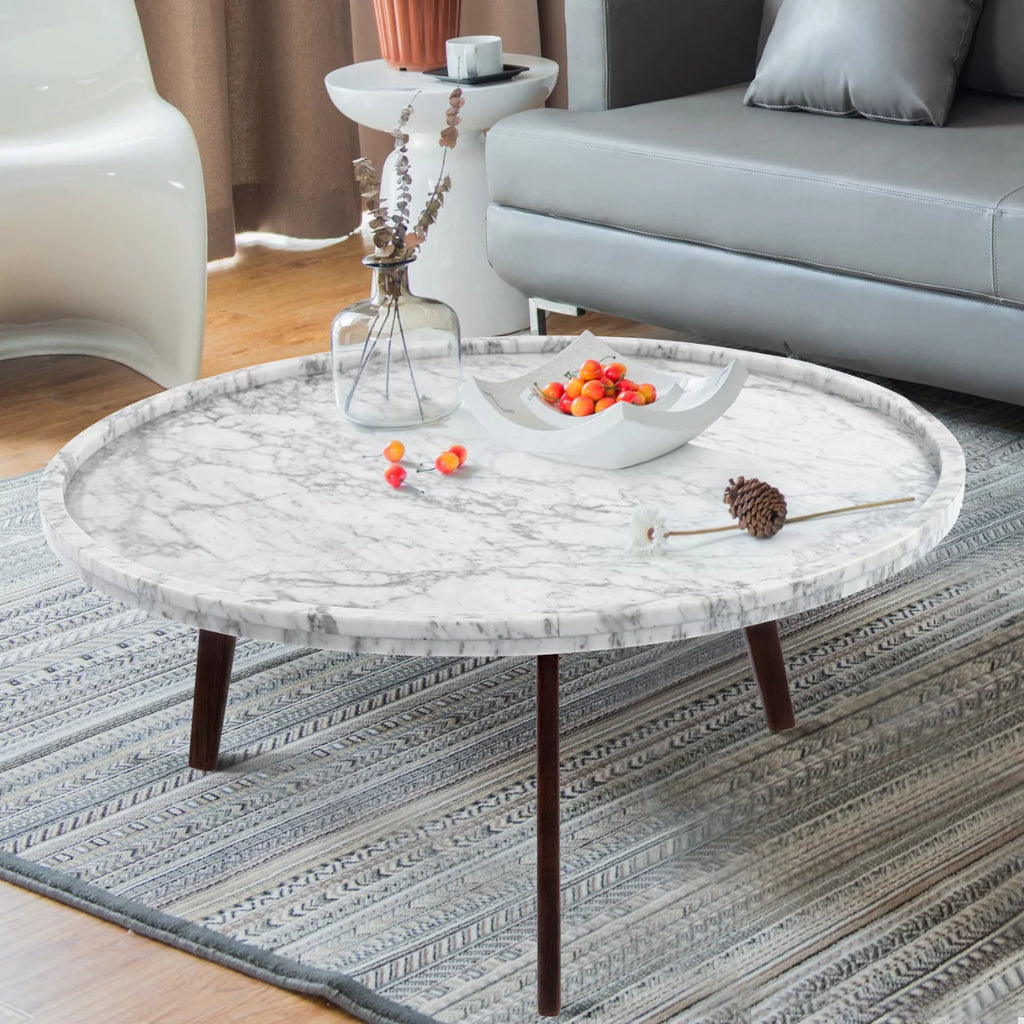 White and Brown Round Marble Coffee Table D48599