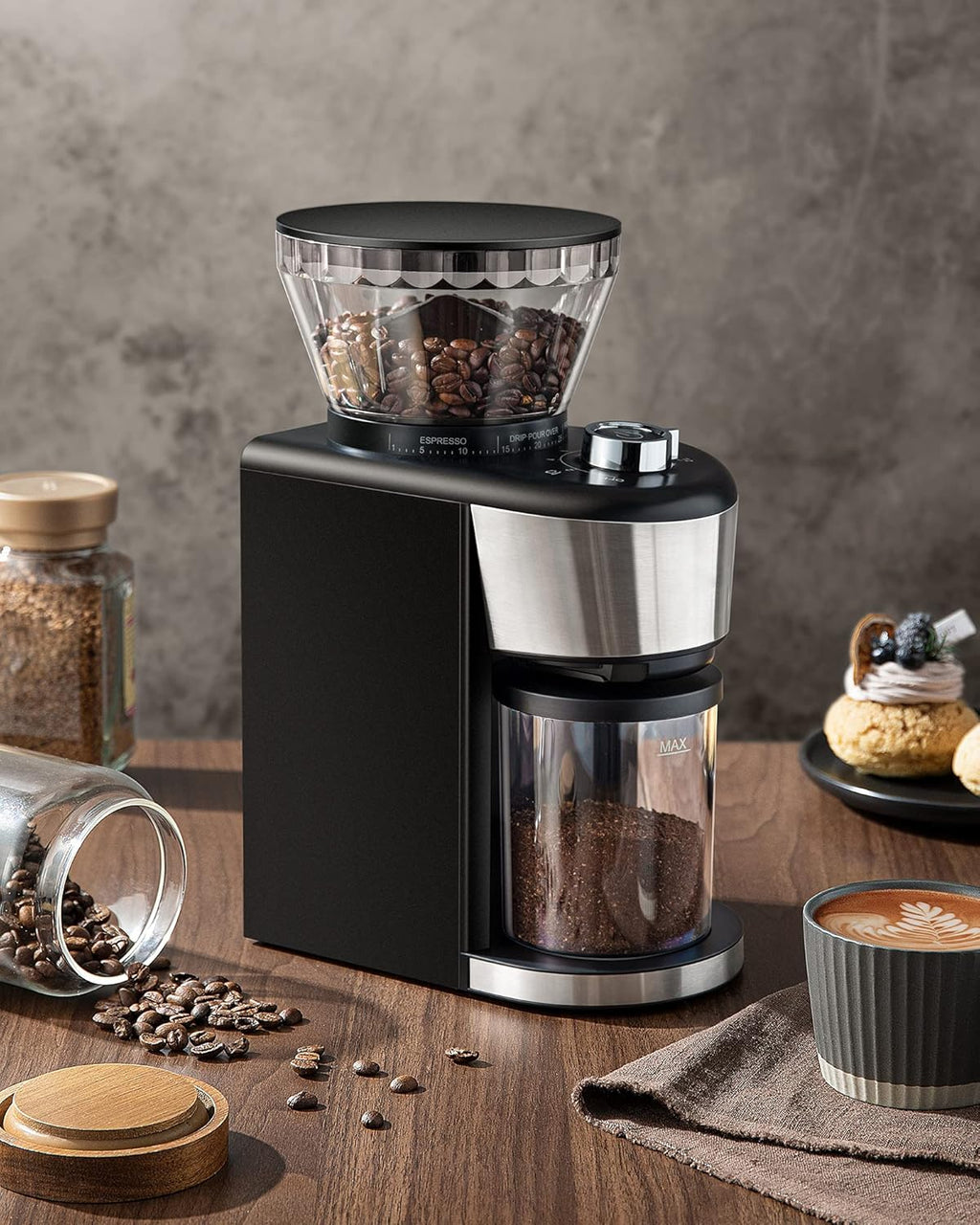 Stainless Steel Conical Burr Coffee Grinder with 35 Grind Settings D879
