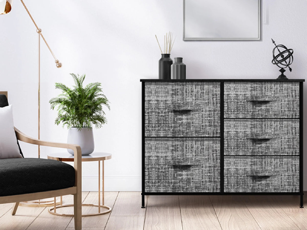 5 Drawer Fabric Storage Dresser with Wood Top E2838