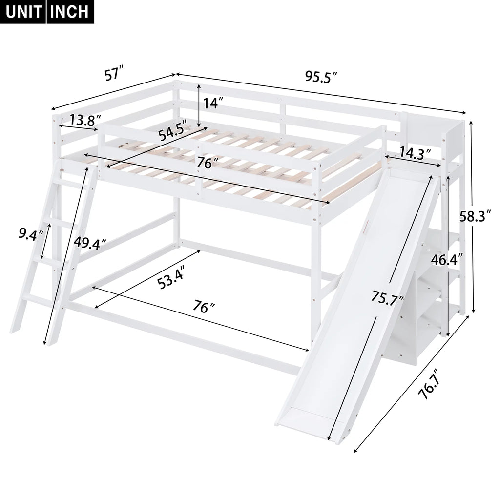 Full Over Full Solid Wood Bunk Bed with Slide and Bookshelves Y17946