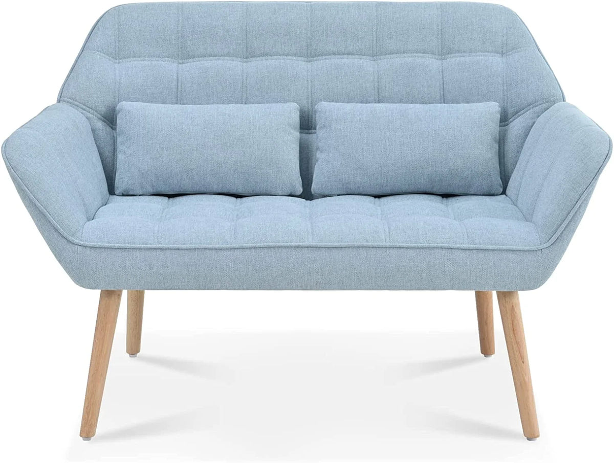 Light Blue Linen Fabric Loveseat Sofa with 2 Pillows Wood Legs Q688982
