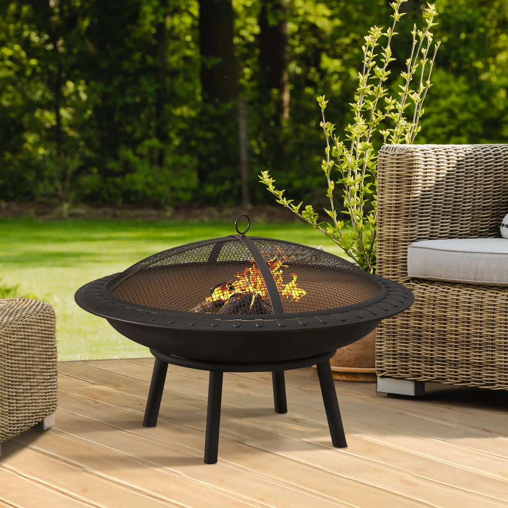 24'' Outdoor Round Fire Pit Bowl with Spark Screen and Poker A948524