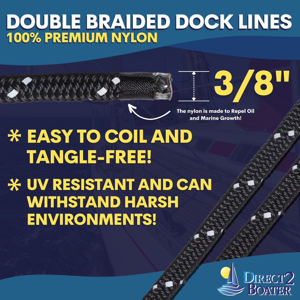 3/8" x 15' Black (2 Pack) Double Braided Nylon Dock Line L884