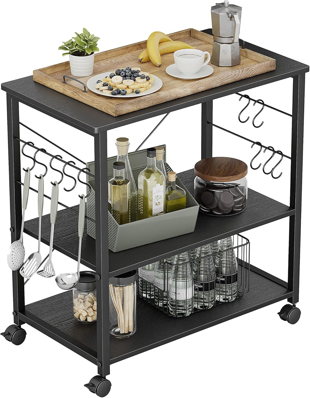 3 Tier Metal Kitchen Cart with Wheels and 10 Hooks B929