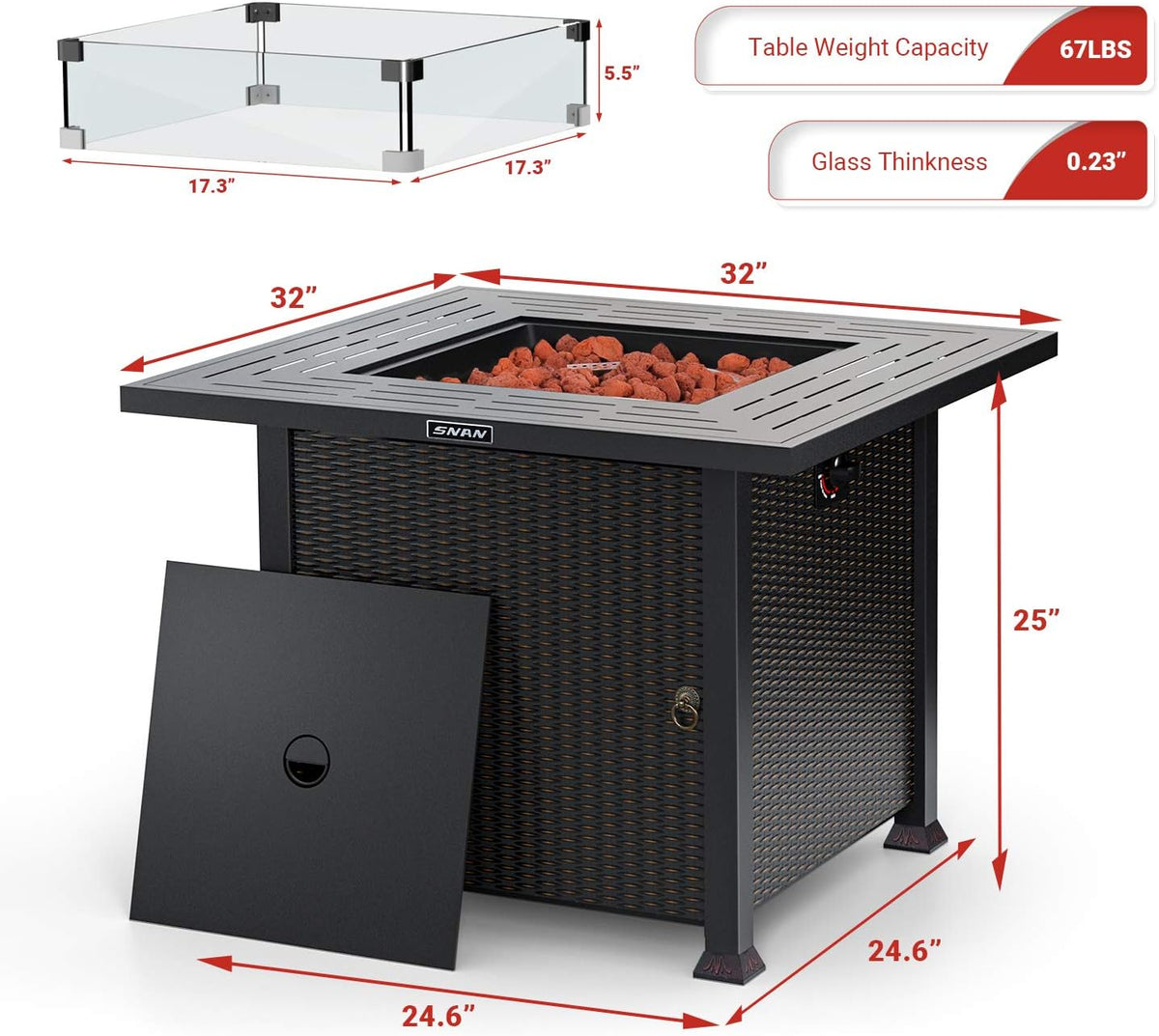 Propane Gas Fire Pit Table 50,000 BTU with Glass Wind Guard F503