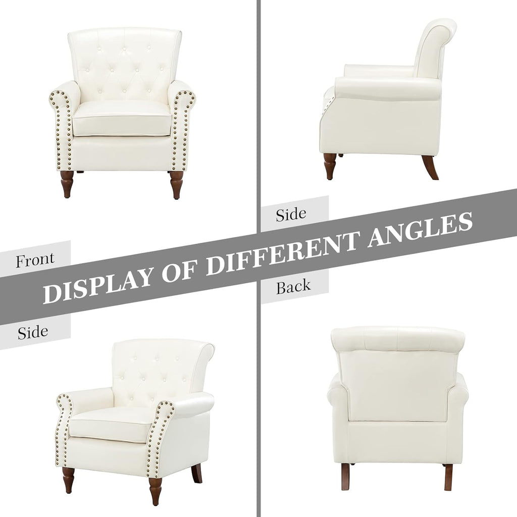 Ivory Faux Leather Accent Chair with Solid Wood Legs F1726