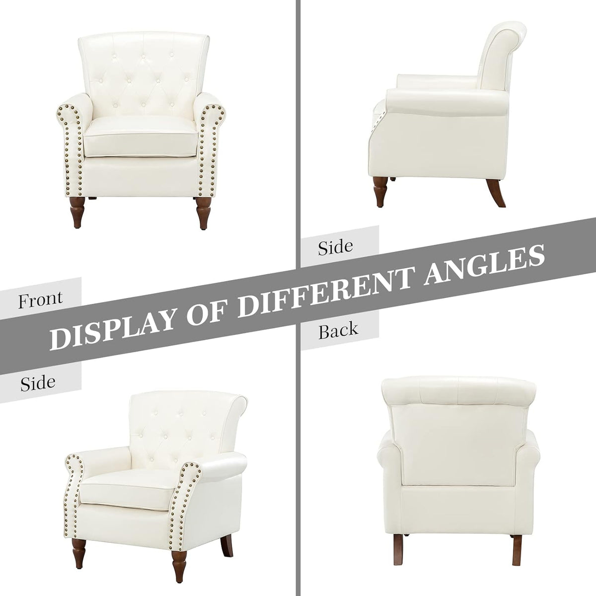 Ivory Faux Leather Accent Chair with Solid Wood Legs F1726
