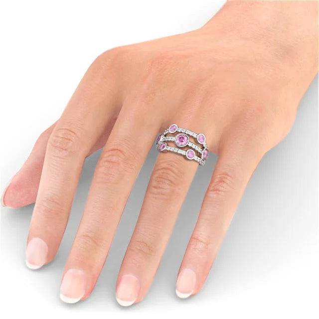 14K White Gold Eternity Band with Round Cut Pink Sapphire V84051