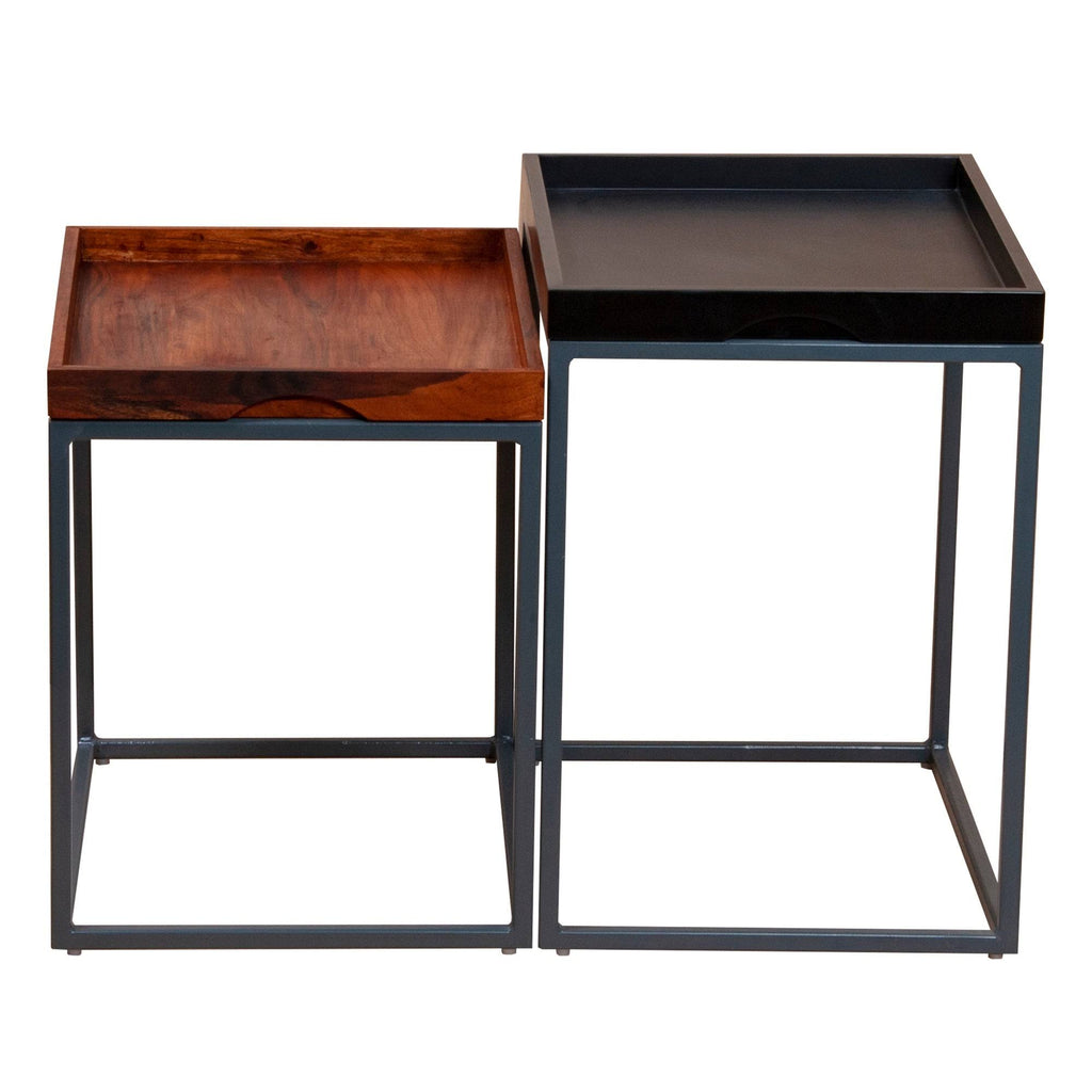 2 Piece Wooden Tray Top Nesting Table Set with Metal Frame, Brown and Black J902