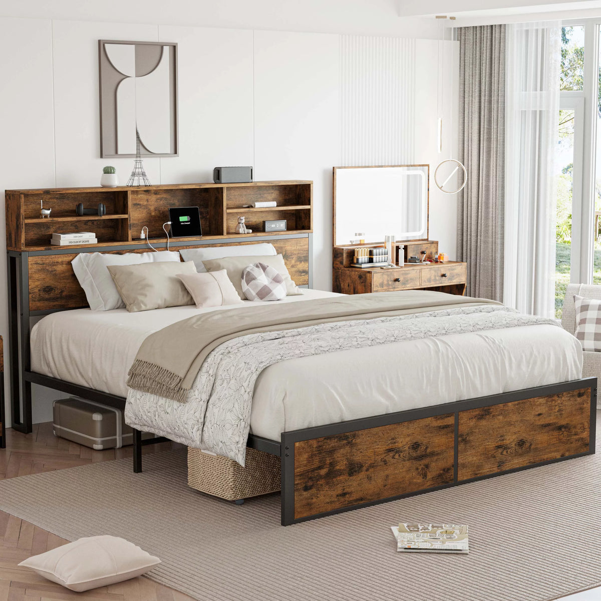 Full Bed Frame with Bookcase Headboard and Charging Station J42237