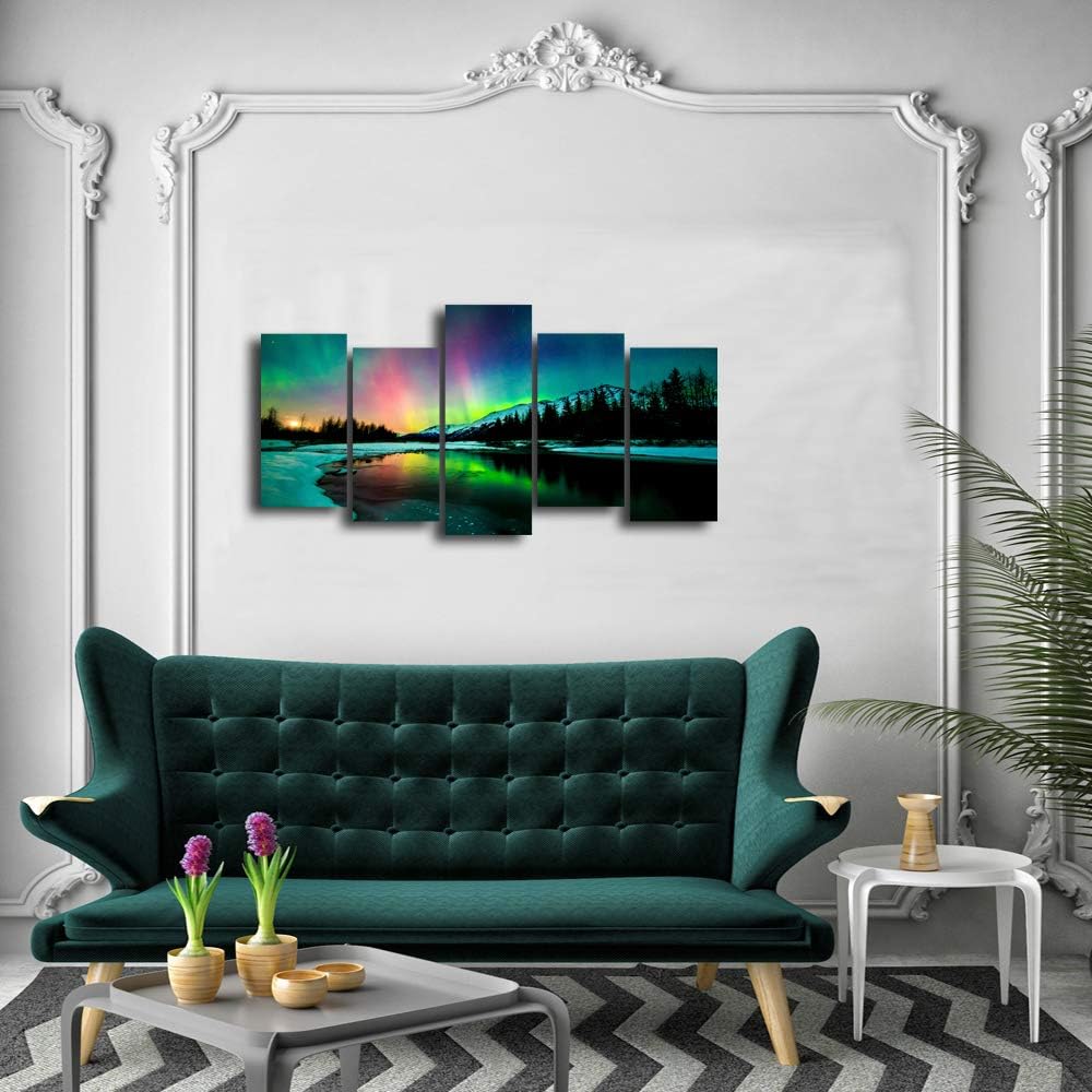 5 Pieces Green Aurora Borealis Scenery Canvas Prints Ready to Hang F799469