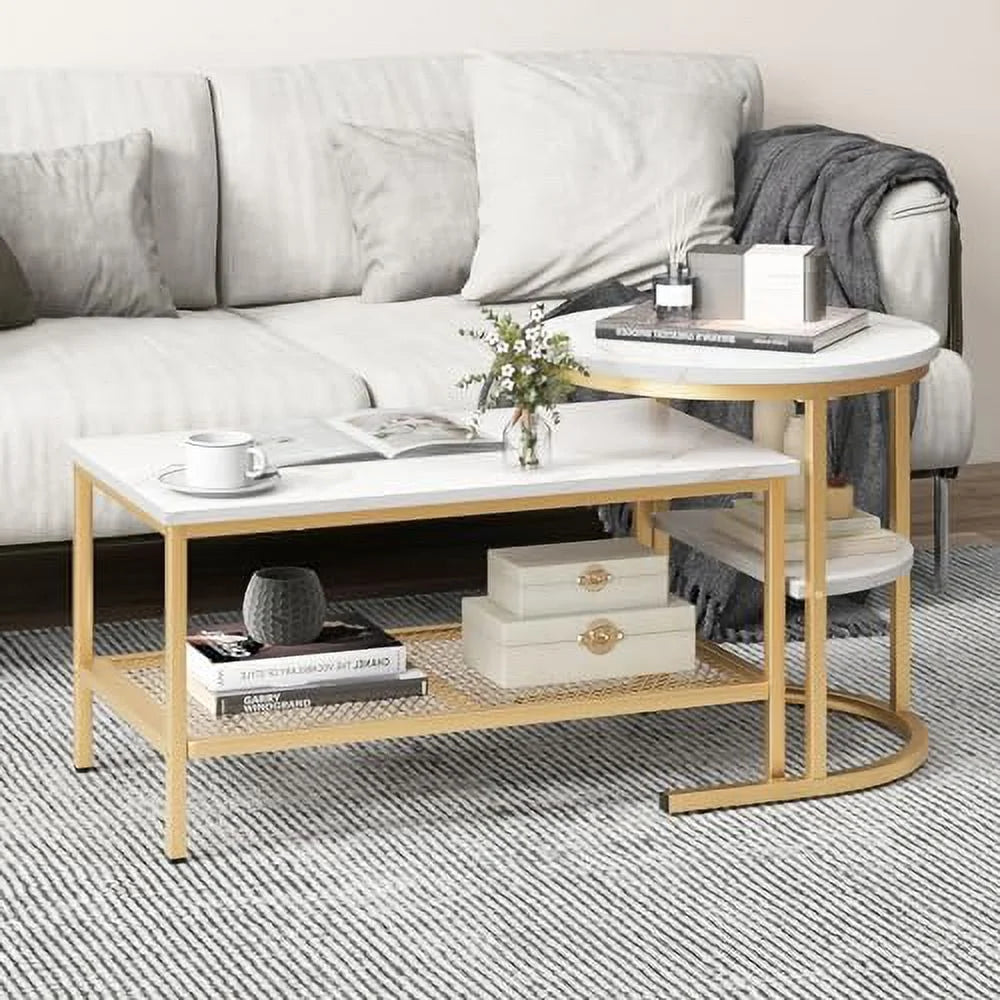 2 PCS Faux Marble Top Coffee Table Set I7945