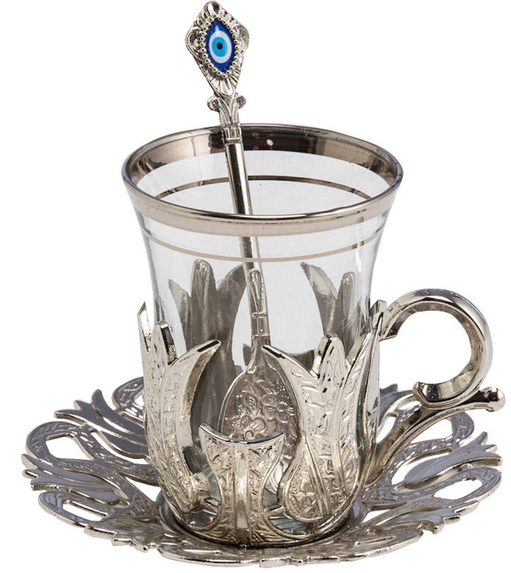 6 x Turkish Tea Glasses Set with Saucers Holders & Spoons (Silver) M696513